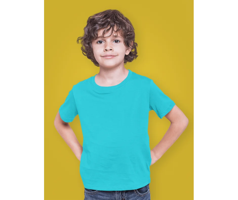 a boy in sea green tshirt