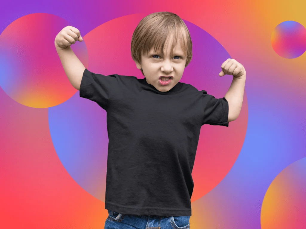 a boy wearing black tshirt raising his arms